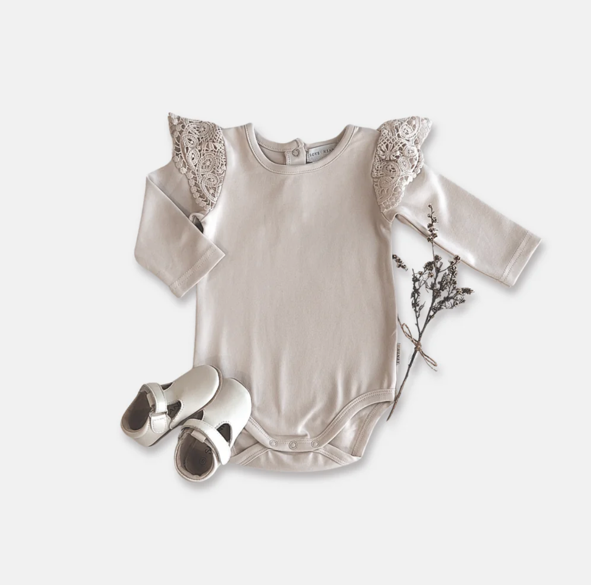 Baby Girls Lace Sleeve Romper - Beige