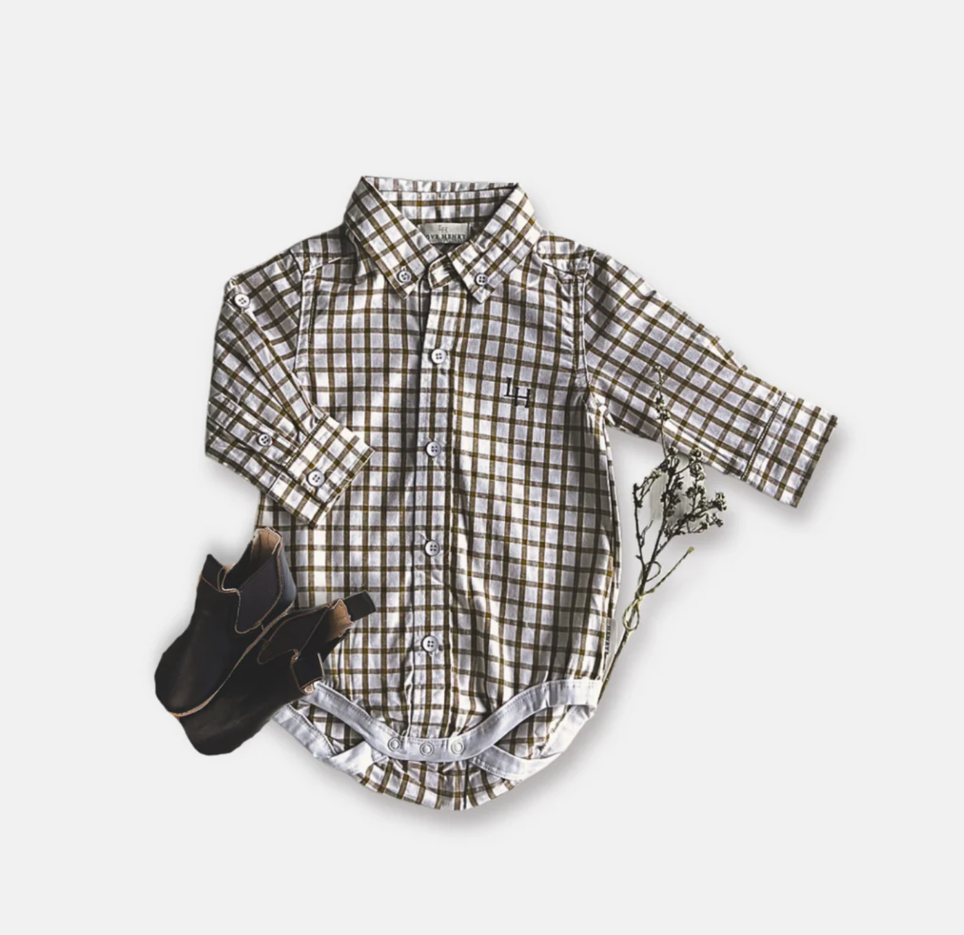 Baby Boys Oxford Shirt Romper - Tan Check