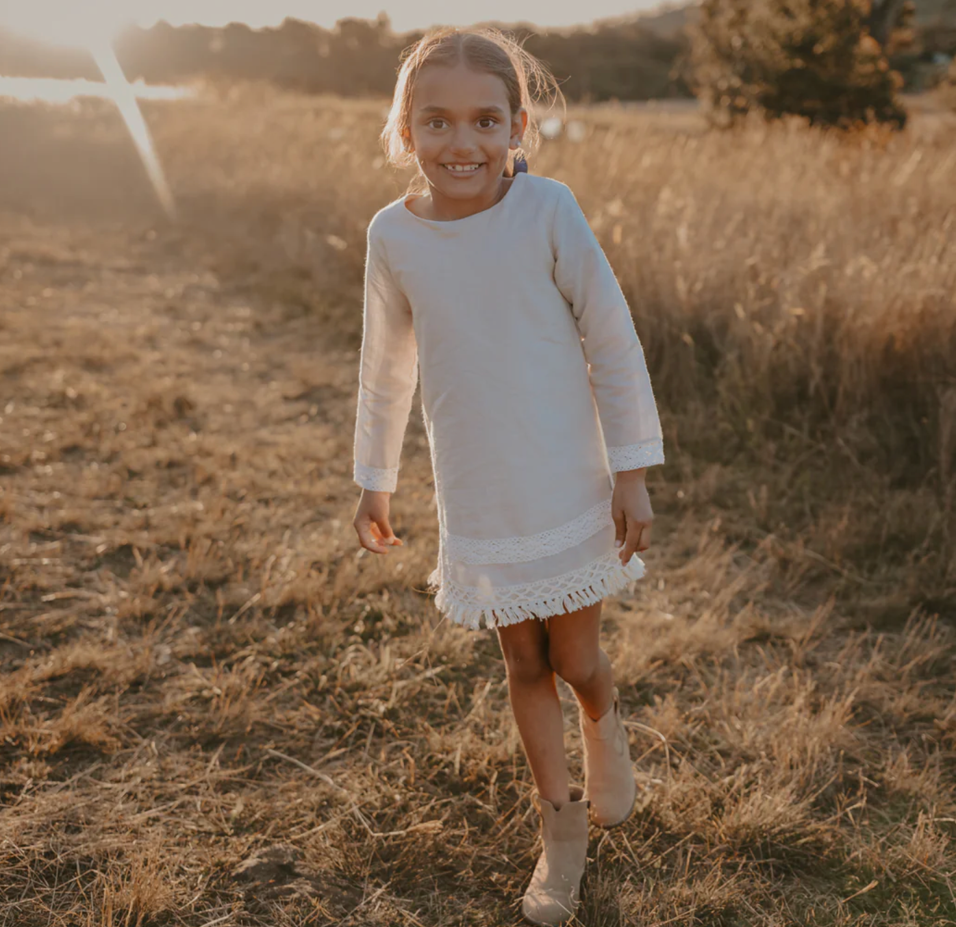 Girls Aleeia Tassle Dress - Linen