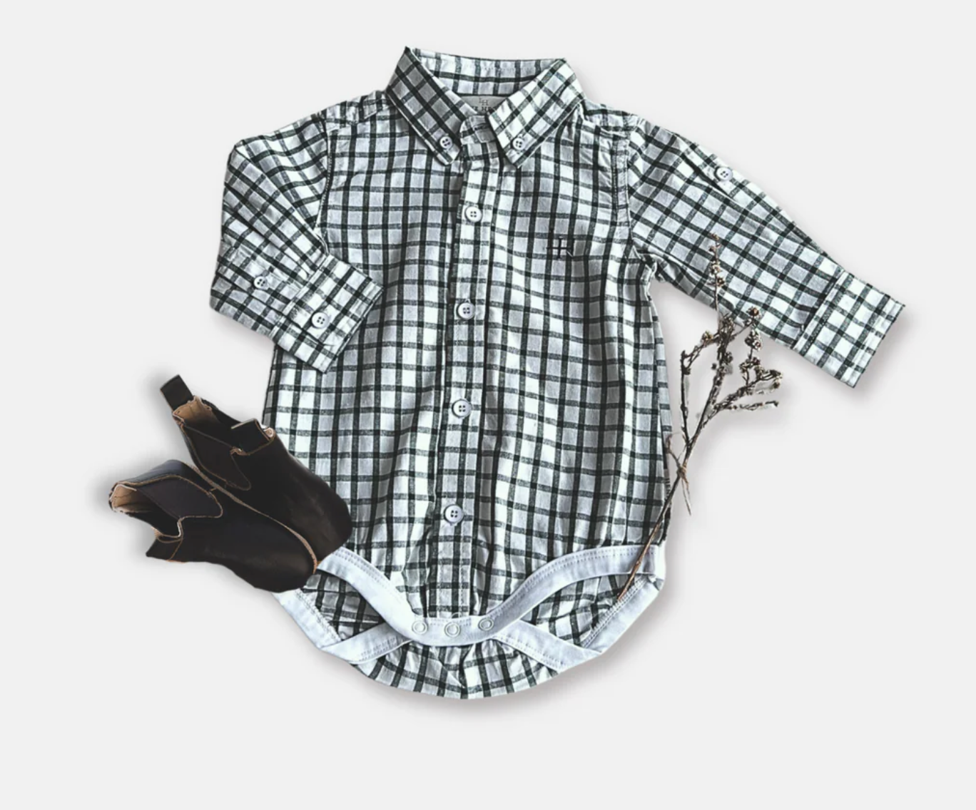 Baby Boys Oxford Shirt Romper - Green Check