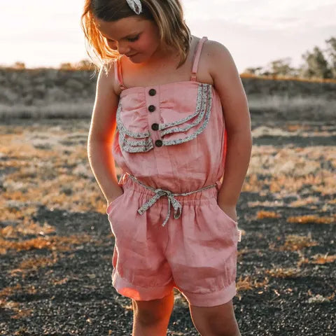 Girls Miranda Playsuit - Peach Pink Linen