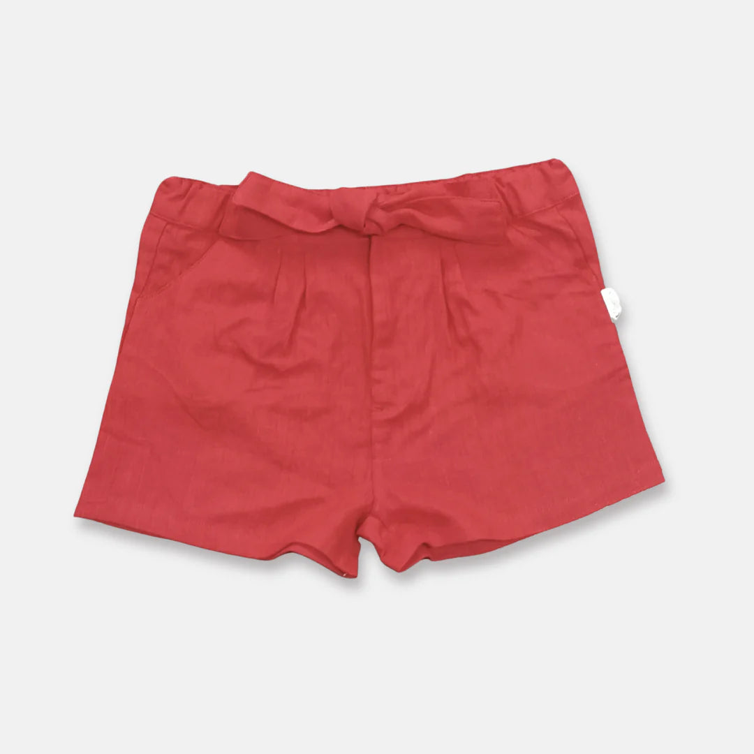 Girls Tie Waist Shorts - Red Linen