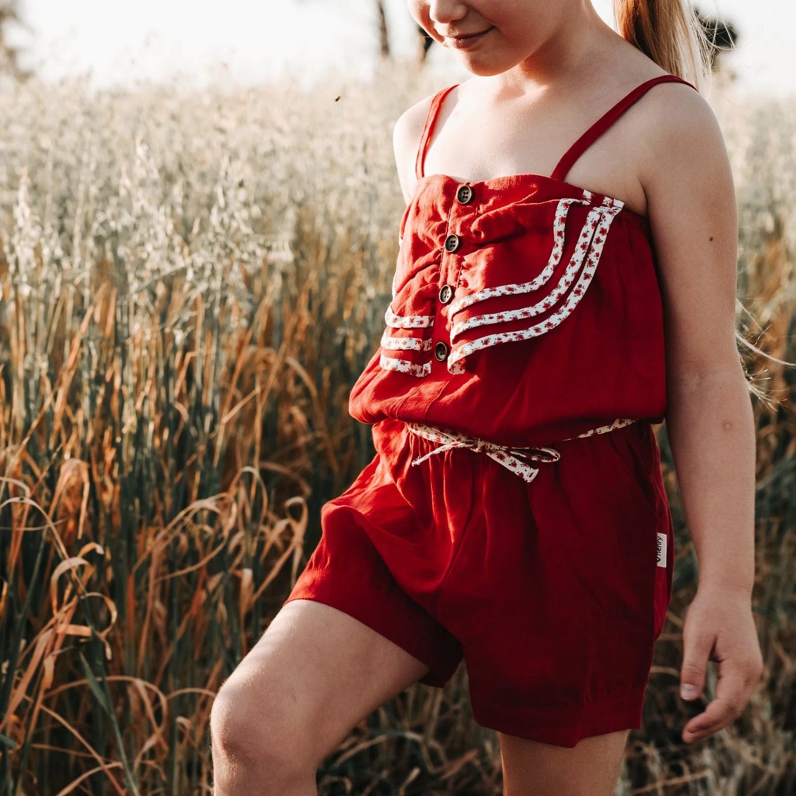 Girls Miranda Playsuit - Red Linen