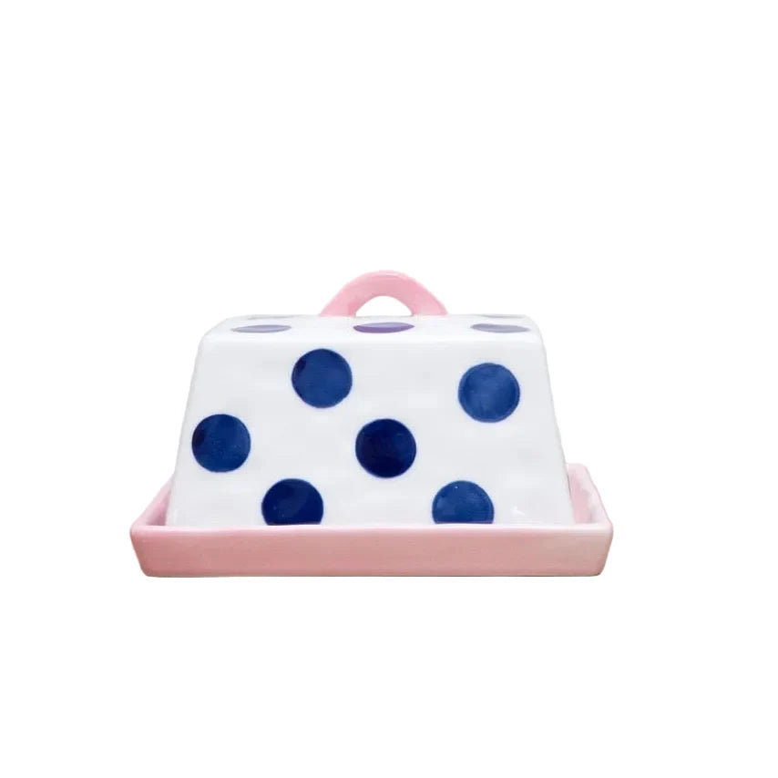 Large Butter Dish - Navy Dot & Pink