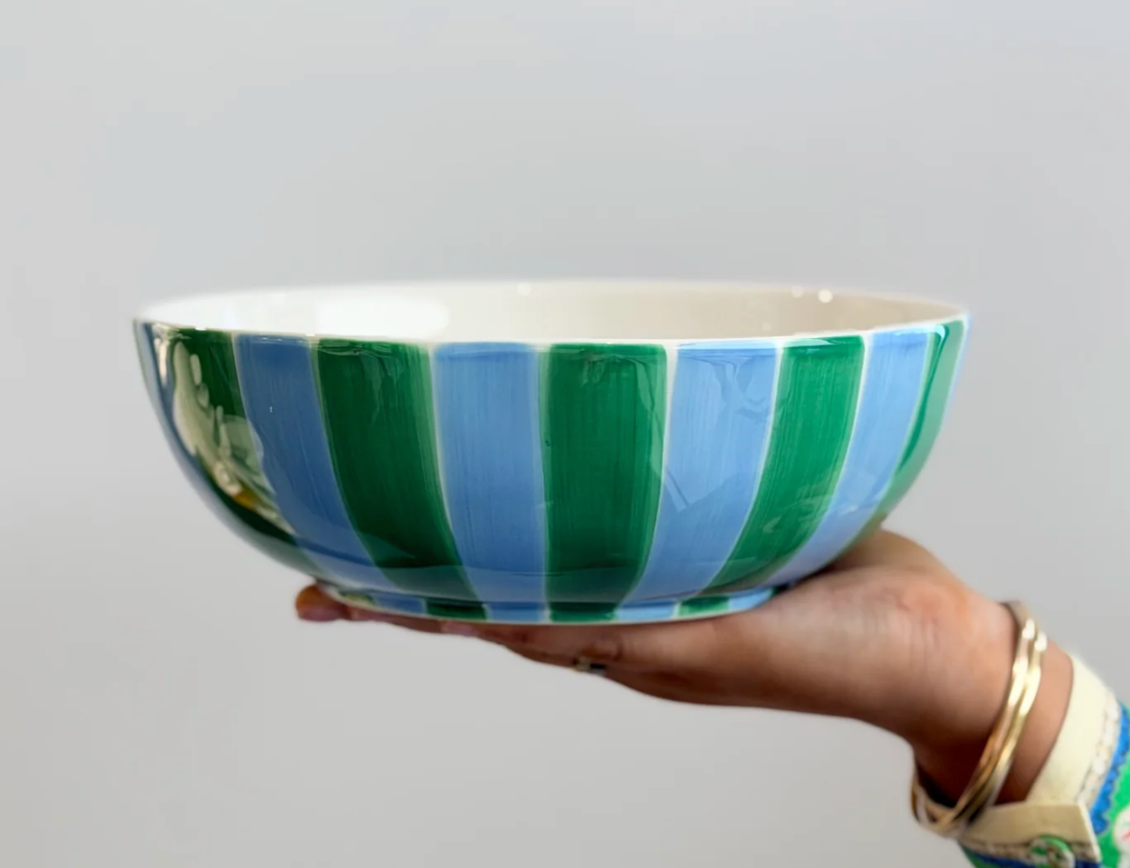 Salad Bowl - Green & Cornflower Blue Stripe
